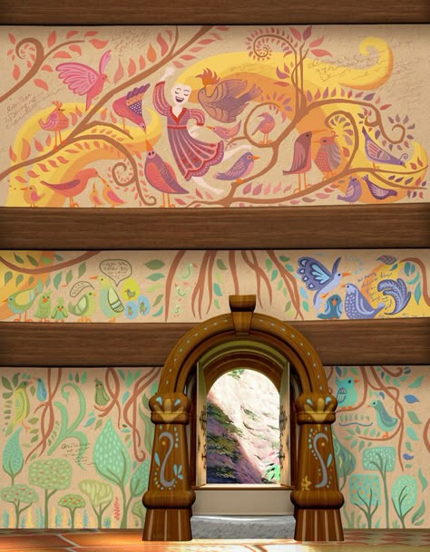 Rapunzel Wall Mural, Tangled Wall Mural, Rapunzel's Painting, Rapunzel Mural Painting, Rapunzels Paintings, Tangled Rapunzel Bedroom, Rapunzel Wall Painting Tangled Room, Rapunzel Tower Interior, Rapunzel Bathroom