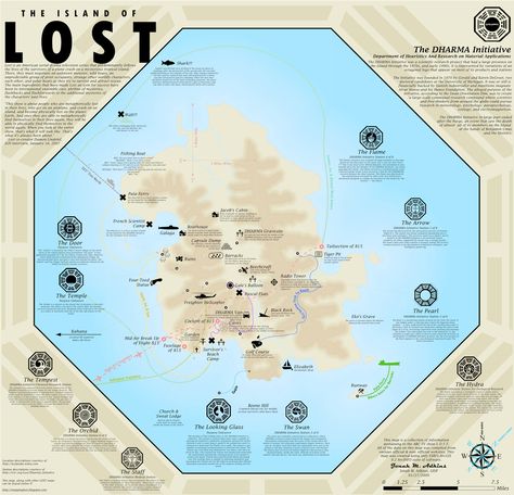 I have to admit that I am not a LOST fanatic like so many people out there today. However, don't for a second think I am in any way dissing the show, quite Film Infographic, Fictional Places, Movie Map, Dharma Initiative, Lost Island, Lost Things, Lost Tv Show, Lost Forever, Geography Map