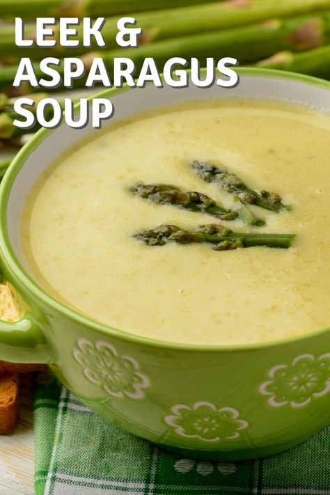 Asparagus Leek Soup with Parmesan Cheese - the perfect spring soup. Fresh, healthy, delicious, and easy to make. Serve this soup hot, or make a chilled soup. If you never had asparagus soup, give it a try! Asparagus recipes are best when asparagus is fresh and in season in the spring. This soup is naturally gluten free, vegetarian, and can be made vegan by using nutritional yeast instead of Parm. Enjoy this asparagus soup if you're looking for more spring soup recipes or easy soup recipes! Asparagus Leek Soup, Spring Soup Recipes, Cream Of Asparagus, Cold Soup Recipes, Spring Soups, Cream Of Asparagus Soup, Creamed Asparagus, Leek Recipes, Asparagus Soup