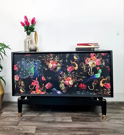 Shop | The Grace and  Ethel handpainted furniture collection Wallpapered Furniture, Black Furniture Bedroom, Wallpaper Drawers, Chest Of Drawers Modern, Plan Furniture, Mid Century Chest Of Drawers, Black Chest Of Drawers, G Plan Furniture, Peacock Wallpaper