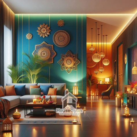 Trending Colors for Your Home Walls This Diwali 2024 - HouseGyan Diwali Interior Design, Wall Decor Diwali, Wall Decoration For Diwali, Diwali Home Decoration, Diwali Wall Decorations At Home, Wall Decor Design Diwali, Diwali Home Decor, Beautiful Wall Hanging For Diwali, Indian Living Rooms