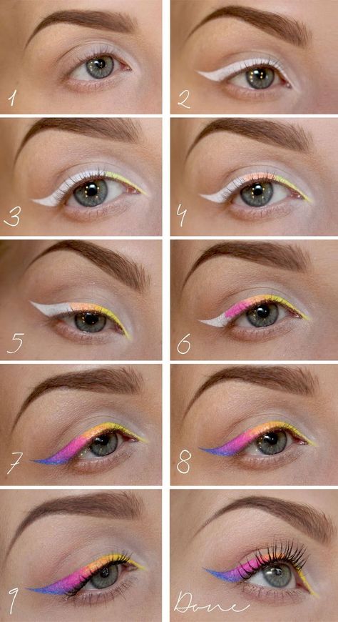 17 Great Colored Eyeliner Looks for 2021 - Pretty Designs Neon Eyeliner, Eyes Step By Step, Rave Attire, Kohl Kajal, Gold Eyeliner, Drag Make-up, Festival Face, Kajal Eyeliner, Rainbow Makeup