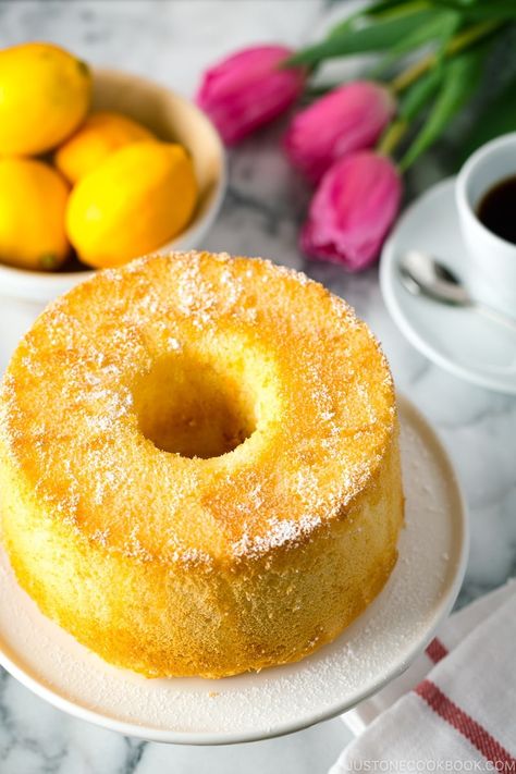 Take advantage of the citrus season and make this delicate Meyer Lemon Chiffon Cake cake that guarantee to brighten up your day! #meyerlemon #chiffoncake | Easy Japanese Recipes at JustOneCookbook.com Japanese Chiffon Cake, Lemon Chiffon Cake, Citrus Smell, Japanese Cake, Easy Japanese Recipes, Lemon Icing, Measuring Ingredients, Lemon Chiffon, Popular Desserts