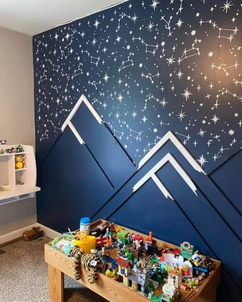 Baby Boy Nursery Accent Wall Paint, Planets Hanging From Ceiling Diy, Mountain Range Nursery, Mountain Room Ideas, Boys Mural Bedroom, Night Court Nursery, Boys Bedroom Mural Ideas, Toddler Play Room Ideas Boys, Star Theme Room