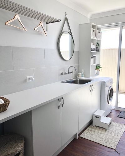 Laundry reno (Iso project) | Bunnings Workshop Community Bunnings Laundry, Laundry Design Ideas, Toilet Roll Holder Shelf, Laundry Reno, Laundry Renovation, Large Bench, Laundry Makeover, Hanging Drying Rack, Cube Storage Unit