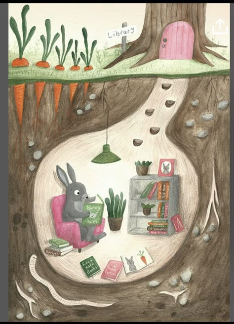 Nature Library, Illustration Rabbit, Gouache Illustration, Painting Gouache, Rabbit Painting, Storybook Art, Nursery Decor Wall Art, Gouache Illustrations, Rabbit Art