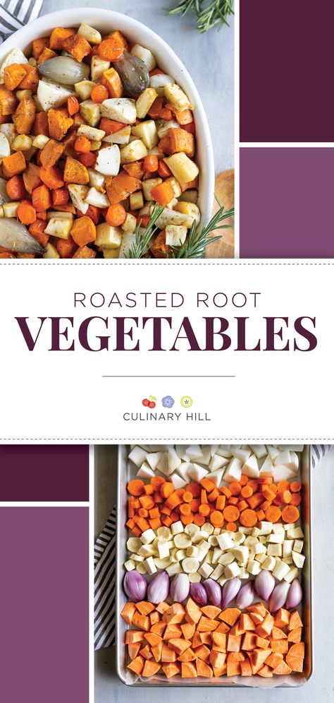 This simple recipe for roasted root vegetables is the best way to eat the rainbow! A variety of good-for-you veggies laid out on a baking sheet and roasted at a high heat leads to golden brown perfection. A sprinkling of rosemary and thyme is added to balance the sweet, caramelized sugars produced during roasting. via @culinaryhill Roasted Beets Carrots Potatoes, Turnip And Beet Recipes, Roasted Beets And Turnips, Sweet Potato And Turnip Recipes, Roasted Beets And Potatoes, Roasted Root Vegetable Medley, Beets And Cabbage Recipe, Beets And Turnips Recipe, Root Vegetable Medley