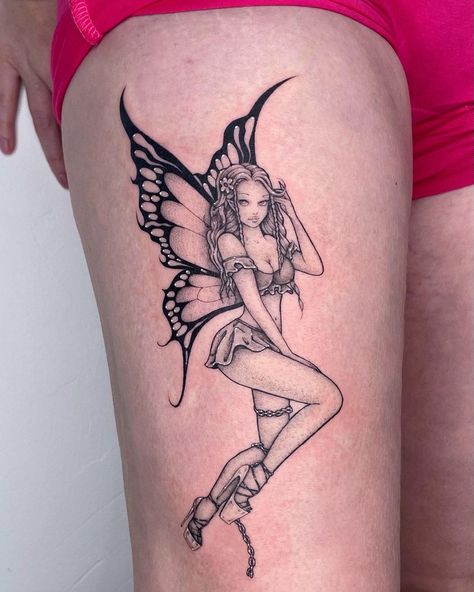 Aries Fairy Tattoo, Naked Fairy Tattoos For Women, Dark Fairy Tattoo Designs, Naked Fairy Tattoo, Black Fairy Tattoo, Fairy Tattoo Designs Unique, Faerie Tattoo, Fairy Logo, Gothic Fairy Tattoo