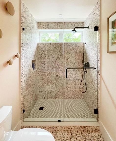 Terrazzo Shower Floor, Terrazzo Shower Wall, Blush Tile, Terrazzo Bathroom Design, Built In Closets, Terrazzo Tile Floor, Yellow Terrazzo, Resort Bathroom, Terazzo Floor