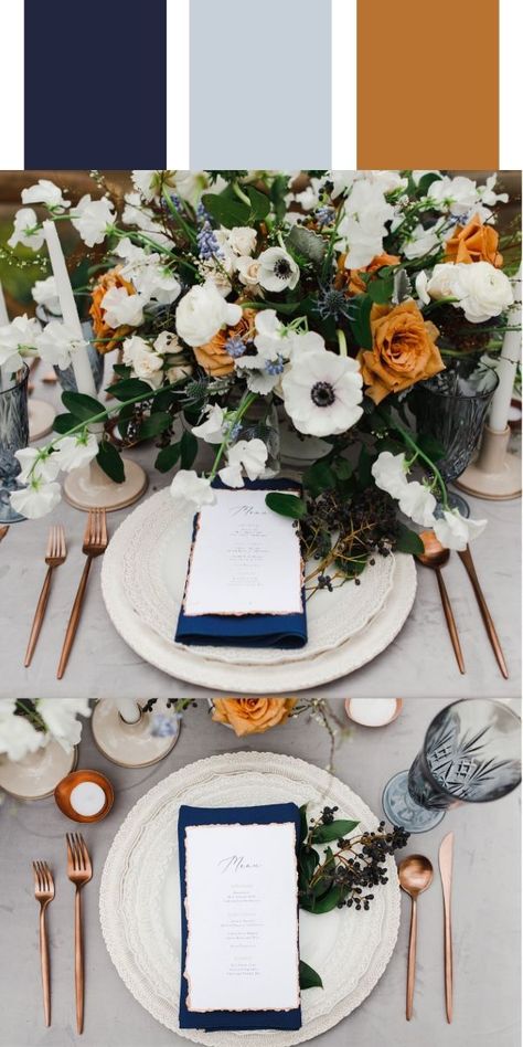 Blue Fall Wedding, Navy Wedding Colors, Rusting Wedding, Navy And Copper, Burnt Orange Weddings, Gold Wedding Inspiration, Blue Wedding Inspiration, Dusty Blue Wedding, Copper Wedding