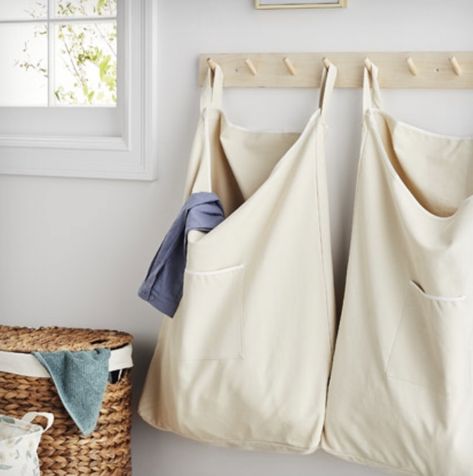 Hanging Laundry Baskets On Wall, Hanging Laundry Baskets, Hanging Laundry Bag, Village Cottage, Hanging Laundry, Laundry List, Laundry Room Renovation, Canvas Laundry Bag, Organization Products