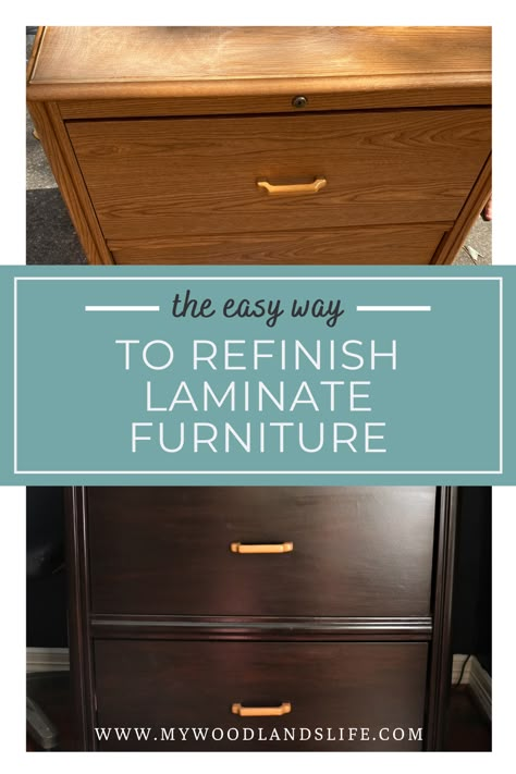 How To Stain Laminate Furniture, Refinished Laminate Furniture, Refinishing Laminate Cabinets, Refurbish Laminate Furniture, Laminate Furniture Flip, Refurbished Laminate Furniture, Wood Filing Cabinet Makeover, Restore Laminate Furniture, Pressed Wood Furniture Makeover