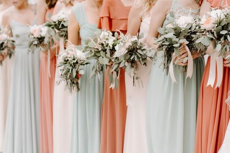 Sage Green And Salmon Wedding, Sage Coral Wedding, Peach And Sage Bridesmaid Dresses, Sage Green And Peach Bridesmaid Dresses, Sage Green And Apricot Wedding, Coral And Sage Wedding Colors, Sage And Salmon Wedding, Sage Green And Coral Wedding, Dusty Coral Wedding