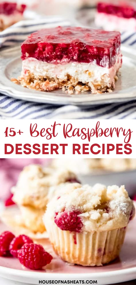 These are some of our favorite raspberry dessert recipes that highlight one of the best fruits of all! There are raspberry cakes and cookies, tarts, pies, macarons, and more! When raspberries are in season, plentiful and sweet, here is some inspiration for a raspberry dessert recipe you are sure to love! | raspberry dessert recipes easy | raspberry dessert ideas | raspberry desserts easy | raspberry desserts aesthetic | homemade raspberry desserts | summer dessert recipes raspberry Recipe Using Raspberry Jam, Dessert Recipes Using Fresh Raspberries, Easy Raspberry Tart Recipes, Easter Raspberry Dessert, Fresh Raspberry Recipes Gluten Free, Best Raspberry Recipes, Raspberry And Cream Cheese Desserts, Recipes Using Raspberry Preserves, Fresh Raspberry Recipes Easy