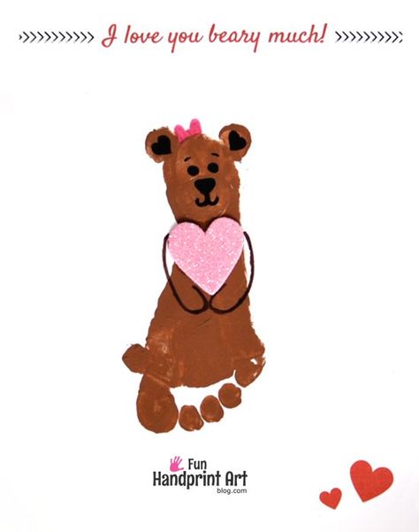 Free I Love You Bear-y Much Printable Footprint Bear Card - Fun Handprint Art Footprint Bear, Baby Footprint Art, Bear Craft, Easy Valentine Crafts, Footprint Crafts, Baby Art Projects, Valentine's Day Crafts For Kids, Bear Card, Toddler Valentines