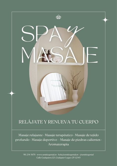 Cartel Spa y Masaje Minimalista Verde - Templates by Canva Facial Spa Aesthetic, Facial Spa, Wellness Center, Movie Releases, Professional Templates, Custom Posters, Landscape Prints, Poster Template, Instagram Feed