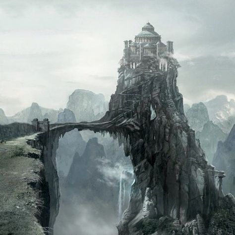 The Eyrie is the principal stronghold of House Arryn. It is located in the Vale of Arryn near the east coast of Westeros. The Eyrie straddles the top of a peak in the Mountains of the Moon several thousand feet above the valley floor below. It is approached by a narrow causeway and road. Those who would approach the Eyrie must pass through three way-castles guarding the ascent - and then, must proceed in single file, making them very vulnerable to archers... House Arryn, Jaime Lannister, Gra O Tron, Landscape Concept, Game Of Thrones Art, Arya Stark, Fantasy Castle, Fantasy Setting, Fantasy Places