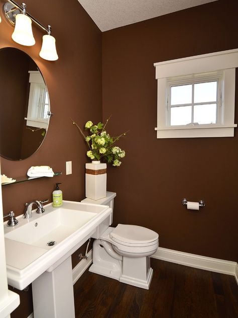 Wonderful wall color - I just hope there's enough light in the absence of the camera's flash.  Like small bathroom window - especially its wide white frame... Get more ideas for colors for your bathroom at http://www.bathroom-paint.net/bathroom-paint-color.php Powder Room Ideas Modern, Traditional Powder Room, Powder Room Design Ideas, Small Bathroom Window, Brown Bathroom Ideas, Brown Bathroom Decor, Room Brown, Brown House, Powder Room Design