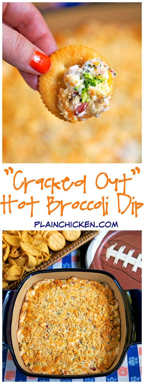 "Cracked Out" Hot Broccoli Dip - baked broccoli dip loaded with cheddar, bacon and ranch. Broccoli Dip, Cracked Out, Football Friday, Baked Broccoli, Party Dip, Taco Dip, Party Dips, Super Bowl Food, Finger Food Appetizers