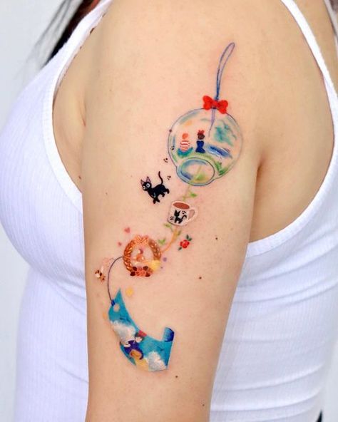 OVENLEE 🍃 ChaeheeLee on Instagram: "Kiki's delivery service Wind chime 🤍 A wind chime with all the cute elements from the movie. (Fyi, the photo was taken while the skin was still swollen!) ⠀ ⠀ ⠀ ⠀ ⠀ ⠀ #kikisdeliveryservice #ghiblitattoo #windchime #windchimetattoo #movietattoo #ghiblimovies #armtattoo #losangelestattooartist" Japanese Windchime Tattoo, Japanese Wind Chimes Tattoo, Ae Tattoos, Windchime Tattoo, Wind Chime Tattoo, Kiki's Delivery Service Tattoo, Ghibli Tattoos, Wind Tattoo, Ghibli Tattoo