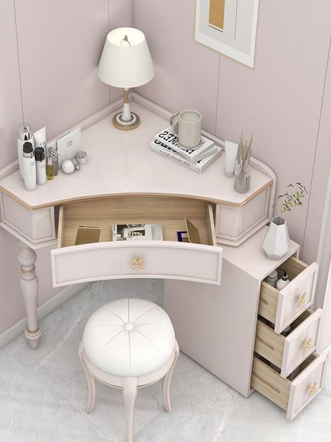 Vanity Table Small Space, Corner Makeup Desk, Corner Beauty Vanity, Dresser Vanity Bedroom Small Spaces, Small Corner Makeup Vanity, Mini Dressing Room Small Spaces, Mini Makeup Table, Makeup Table Corner, Small Vanity Table Ideas