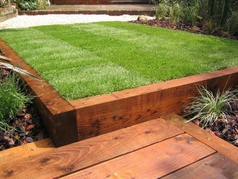 Timber Garden Edging, Railway Sleepers Garden, Sleepers In Garden, Garden Stream, Elegant Landscape, Railway Sleepers, Wooded Landscaping, Garden Edging, Back Gardens