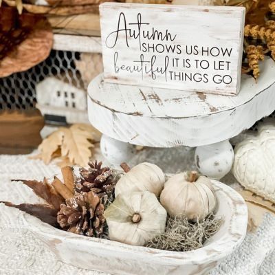 SWEET AUTUMN KISSES | Shop Sales Events Antique Farmhouse Decorating Tips And Tricks, Wood Dough Bowl, Spring Porch Decor, Fall Acorns, Fall Vignettes, Autumn Display, Faux Pumpkins, Members Mark, Dough Bowl