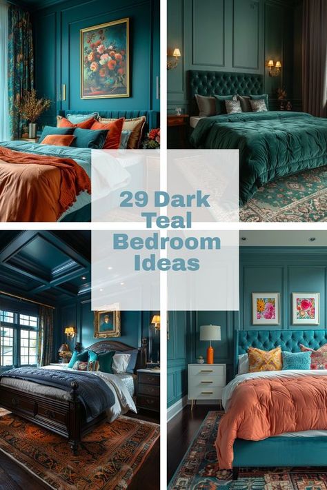 Does the color of your bedroom truly reflect your personal style and desired mood? Imagine immersing yourself in the deep, soothing hues of dark teal, a color that combines the calm of blue with the rejuvenating energy of green. Ocean Abyss Behr Master Bedrooms, Teal Bedframe Bedroom Ideas, Blue Jewel Tone Bedroom, Relaxing Blue Bedroom Ideas, Emerald Green And Teal Bedroom, Navy Blue And Emerald Green Bedroom, Sea Serpent Bedroom, Peacock Bedroom Ideas Decor, Teal Green Bedroom Ideas