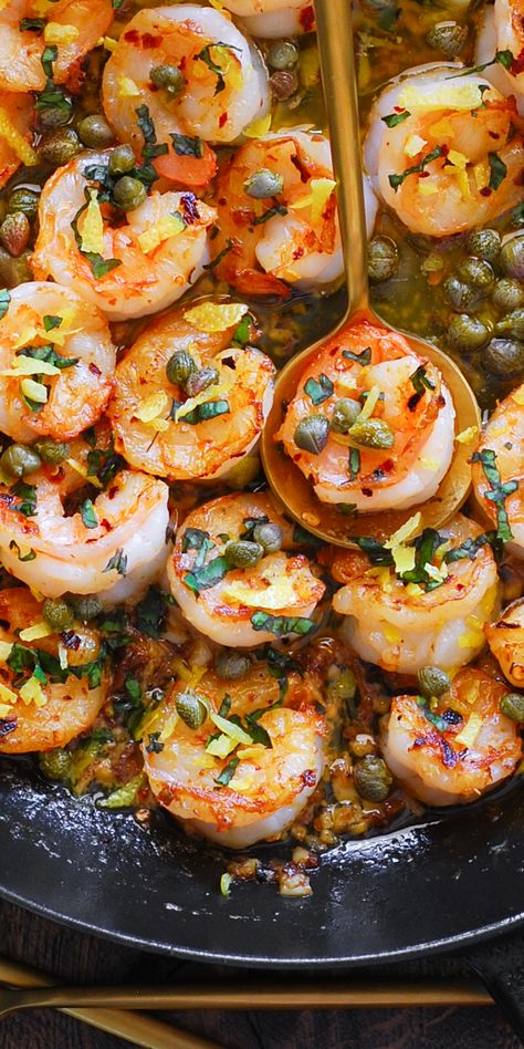 Shrimp Scampi with Capers and Lemon Garlic Butter White Wine Sauce - in a cast iron pan. Greek Tortellini Salad, Simple Spinach Salad, Lemon Garlic Butter Shrimp, Tomato Risotto, Fish Dinner Recipes, 2024 Recipes, Shrimp Recipes For Dinner, Classic Italian Dishes, Scallop Recipes