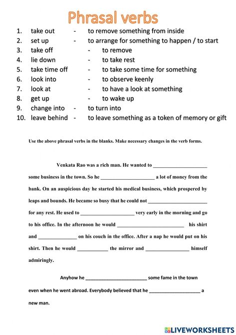 Phrasal Verbs Exercises, Phrasal Verbs Worksheet, Phrasal Verbs With Meaning, Verbs Worksheet, Phrasal Verb, Verb Forms, Verb Worksheets, Phrasal Verbs, English As A Second Language (esl)