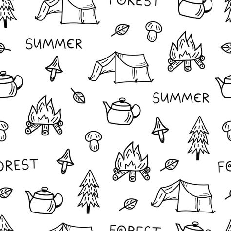 Seamless summer doodle pattern camping h... | Premium Vector #Freepik #vector #camping-background #camping-tent #camping-equipment #camping Tent Doodle, Camping Background, Camping Doodles, Camping Drawing, Camp Trunks, Summer Camp Aesthetic, Camp Lake, Forest Drawing, Doodle Borders