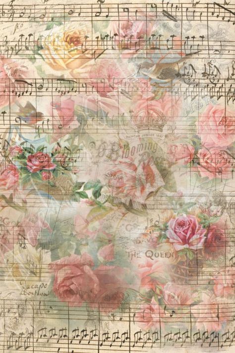 The image features a background of handwritten sheet music. The roses are pink, red, and yellow. There are pieces of typed text and handwriting peeping out, along with a crown. Paper Patterns Design, Japanese Wallpaper Iphone, Vintage Scrapbook Paper, Papel Vintage, Patterns Printable, Paper Quilling Patterns, Stationary Paper, Junk Journal Paper, Fall Coloring Pages