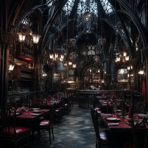 Created by me: MorbidKitty- Midjourney V5.2 Gothic Castle Dining Hall, Gothic Dining Hall, Gothic Restaurant Interior Design, Moody Cafe Interior, Gothic Tavern, Gothic Cafe, Gothic Restaurant, Avatar House, Gothic Dining Room