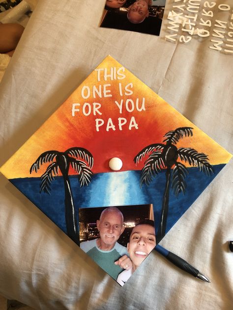 Graduation cap idea in remembrance of a loved one. Beach sunset. Graduation Remembrance Ideas, Graduation Cap Honoring Loved One, Graduation Cap Designs For Loved Ones In Heaven, Remembrance Graduation Cap, Graduation Cap Designs For Loved Ones, Graduation Cap Designs For Dad In Heaven, Grad Caps For Lost Loved Ones, Graduation Caps In Memory Of Someone, Graduation Cap Ideas For Lost Loved Ones