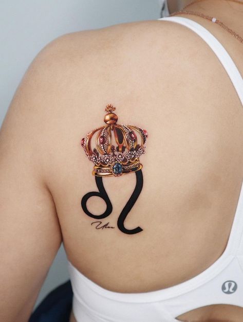 Artist:Jooa; IG account:jooa_tattoo;email:jooatattoo@gmail.com Leo With Crown Tattoo, Tattoo Ideas Female Leo Zodiac Signs, Leo Sign Tattoo Ideas, Leo Tattoo For Women, Leo Symbol Tattoos, Powerful Tattoos, Leo Sign Tattoo, Leo Symbol, Leo Tattoo Designs