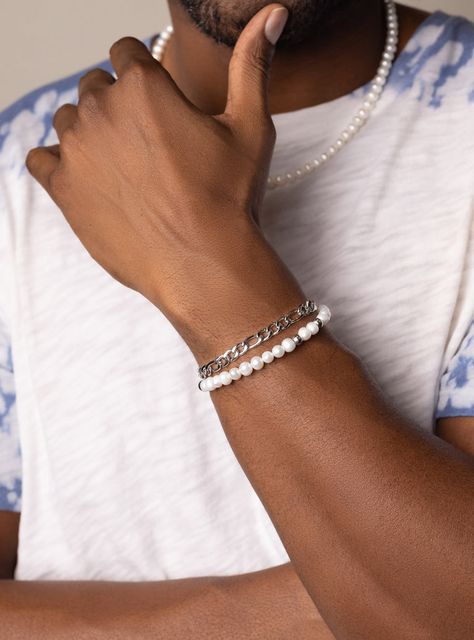 Men's Pearls, Pearl Necklaces & Bracelets for Men | Nialaya Pearl Bracelet Men, Bracelet With Pearls, Lavender Stone, Designer Handmade Jewellery, Handcrafted Bracelets, Pearl Necklaces, Figaro Chain, Natural Stone Bracelets, Pearl Collection