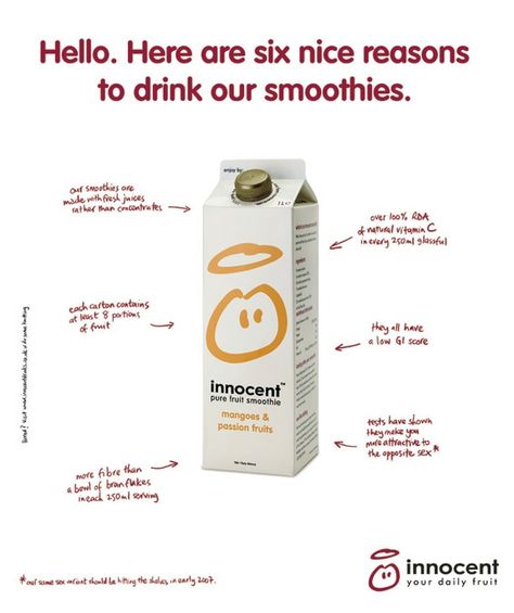 Creative Inspiration Board, Innocent Smoothie, Innocent Drinks, Advertising Campaign Design, Dairy Packaging, Copywriting Inspiration, Copy Ads, Photobook Layout, Campaign Design