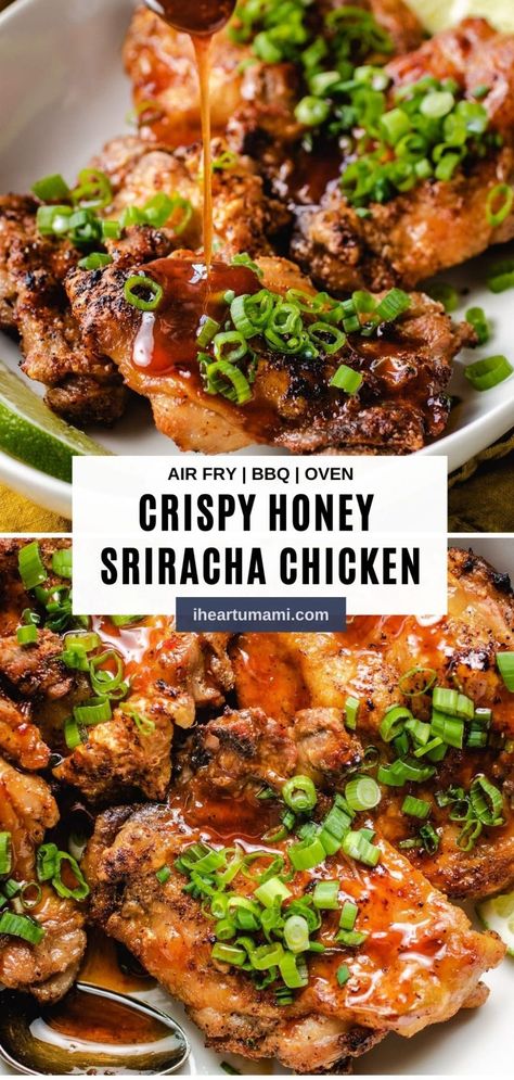 Honey Sriracha Chicken with super crispy skin and keto honey sriracha sauce! This hot honey chicken recipe is so easy to make and crazy good! #chickenrecipes #bbq #bbqrecipes #ketorecipes #summerrecipes #grilling #airfryerrecipes Hot Honey Chicken Recipe, Honey Siracha Chicken, Umami Recipes, Keto Honey, Chicken Air Fryer, Crispy Honey Chicken, Pegan Recipes, Honey Sriracha Sauce, Hot Honey Chicken