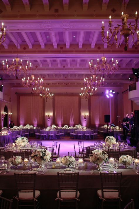 Purple Reception Decor, Elegant Ballroom Wedding, Purple Wedding Reception, Purple Reception, Ballroom Wedding Reception, Elegant Ballroom, Beverly Hills Wedding, Wedding Reception Lighting, Wedding Reception Flowers