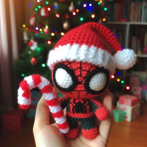 Crochet a festive Christmas Spider amigurumi with a Santa hat and candy cane. Perfect for holiday décor or as a fun gift for superhero fans. Spiderman Christmas, Christmas Spider, Crochet Santa, Sewing Items, Crochet Christmas, Crochet Cat, Festive Holiday, Amigurumi Crochet, Crochet Doll