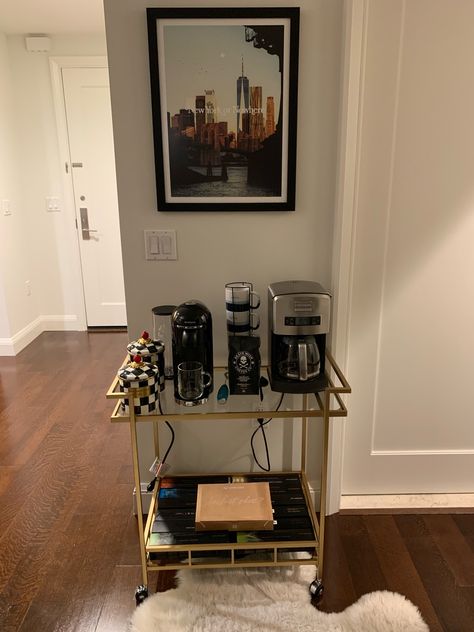 Bar Cart For Coffee, Nespresso Coffee Cart, Espresso Bar Cart, Coffee Corner Nespresso, Portable Coffee Bar Ideas, Coffee Spot At Home, Coffee Spot In Kitchen, Bedroom Coffee Corner, Bar Corner Ideas For Home