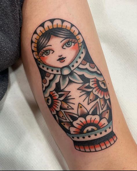 Traditional Babushka Doll Tattoo, Traditional Matryoshka Doll Tattoo, American Traditional Nesting Doll Tattoo, Russian Doll Tattoo Design, American Traditional Russian Doll Tattoo, Traditional Nesting Doll Tattoo, Nesting Dolls Tattoo, Russian Dolls Tattoo, Nesting Doll Tattoo Traditional