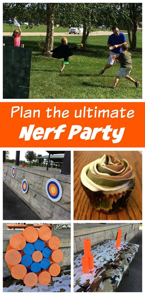 The Ultimate Nerf Battle Birthday Party - Sometimes Homemade Boys 6th Birthday Party Ideas, Camouflage Cupcakes, Birthday Party Ideas For Men, Nerf Birthday Party, Nerf Party, 9th Birthday Parties, Birthday Party Activities, 10th Birthday Parties, Invitations Diy