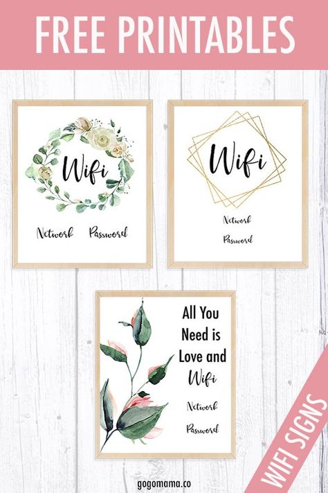 These WIFI printables are perfect for any home or office that are looking for an easy way to allow guests to their internet. The WIFI signs come in three different designs and are offered in 8x10, 5x7 and 4x6. Simply add your WIFI network and password, print, trim and frame.   #freeprintables #WIFIprintable Guest Wifi Sign Free Printable, Diy Wifi Password Sign, Wi Fi Password Sign, Guest Wifi Sign, Wifi Password Sign Printable, Wifi Password Printable, Printable Signs Free, Guest Room Essentials, Guest Wifi