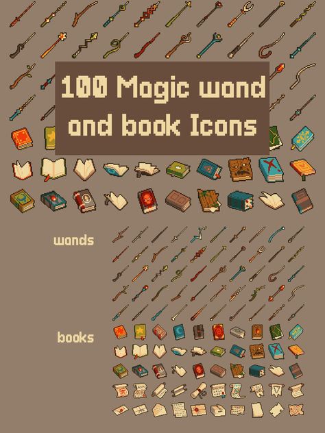 Magic Wand and Book Icon Pack Book Pixel Art Icon, Pixel Fantasy Art, Magic Pixel Art, Magic Spells Art, Pixel Art Items, Book Pixel Art, Pixel Book, Magic Tools, Book Wizard