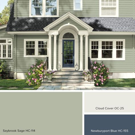 Sage Green House Exterior, Sage Green House, Green Exterior Paints, Green Exterior House Colors, Green House Exterior, Outside House Colors, Benjamin Moore Exterior, Exterior House Colors Combinations, House Paint Color Combination