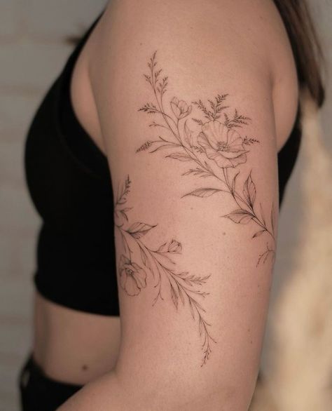 Fine Line Vine Shoulder Tattoo, Flower Shoulder Wrap Tattoo, Small Floral Shoulder Tattoo, Floral Shoulder Collar Bone Tattoo, Rap Around Vine Tattoo Arm, Partial Arm Sleeve Tattoo Women, Animal Shoulder Tattoos For Women, Viney Floral Tattoos, Floral Elbow Wrap Tattoo