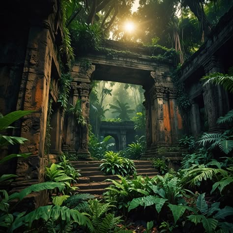 Enigmatic Ruins: Ancient Mysteries in Otherworldly Jungle,  on ArtStation at https://www.artstation.com/artwork/xDanE1 Jungle House Concept Art, Ancient Jungle Ruins, Jungle Temple Concept Art, Concrete Jungle Aesthetic, Jungle Fantasy Art, Scary Jungle, Jungle Castle, Uncharted Artwork, Aztec Jungle