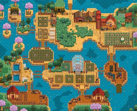 River Land Farm Stardew Valley, Stardew Valley River Land Farm Layout, Star Dew Valley Farm Layouts River, River Farm Stardew, Riverside Farm Stardew, Stardew Valley Water Farm Layout, Stardew Valley Lake Farm Layout, Stardew Valley Fishing Farm Layout, Stardew Valley Farm Layout Beach Aesthetic