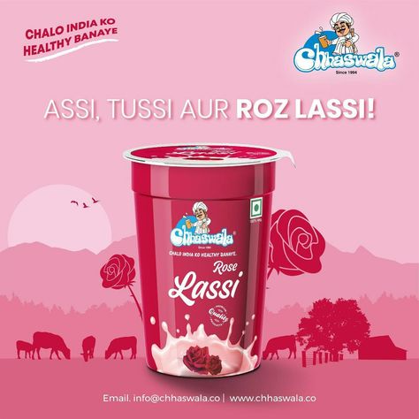 It’s the Rose Lassi from Chaswala that energizes your every minute at work.  #chhaswala #ahmedabad #surat #store #buttermilk #lassi #milk #healthy #energy #india #food Rose Lassi, Beverage Poster, Ice Cream Packaging, Rose Milk, Food Branding, Food Menu Design, India Food, Coffee Poster, Healthy Energy